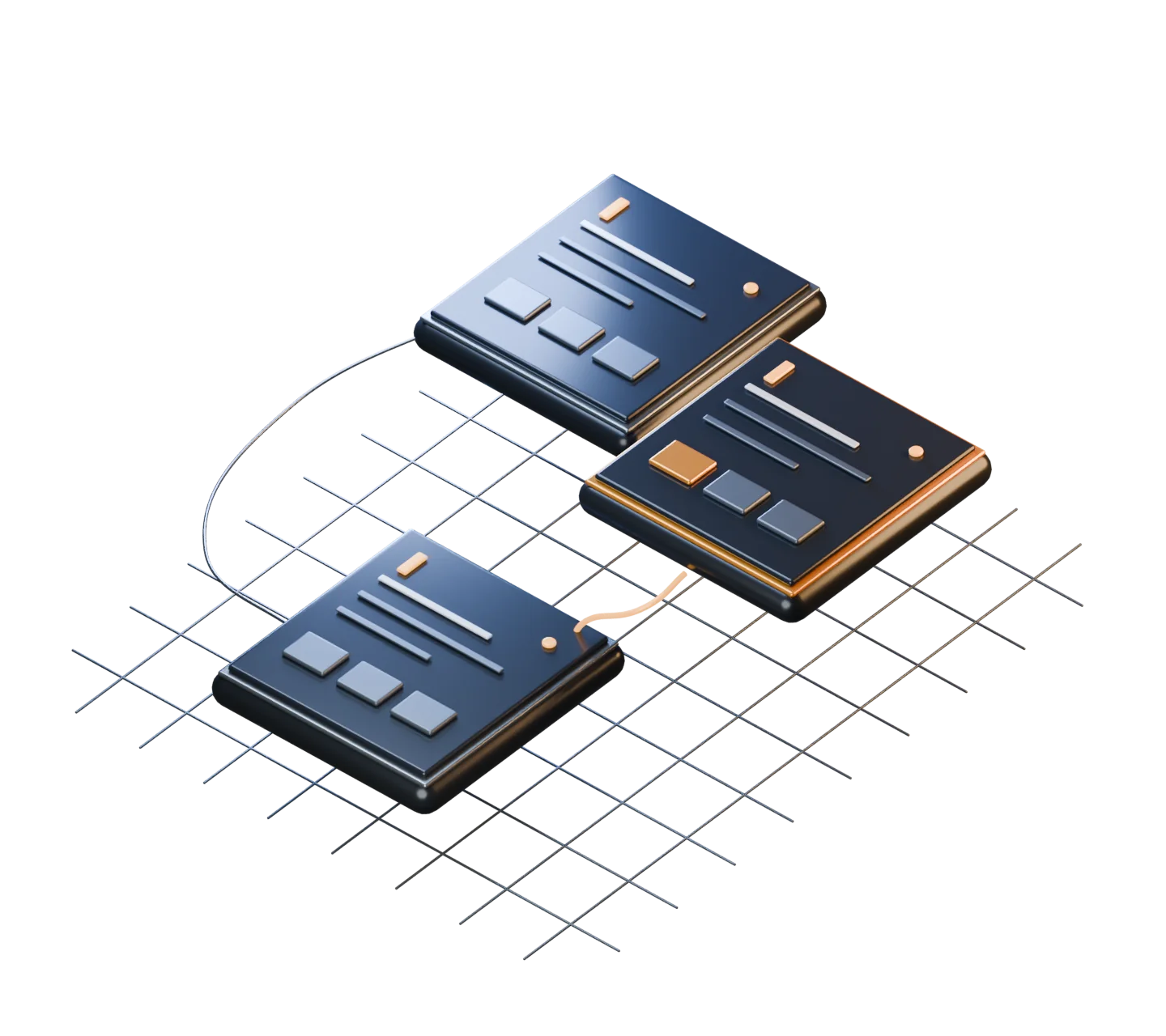 Three sculpted work cards connected across a grid: a brief, a review, and a decision.